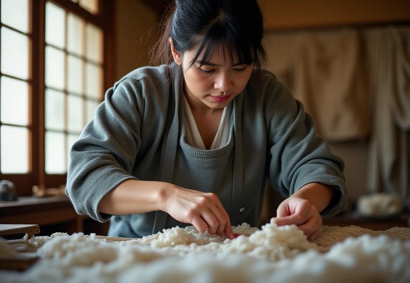 職人が生地を選定している様子